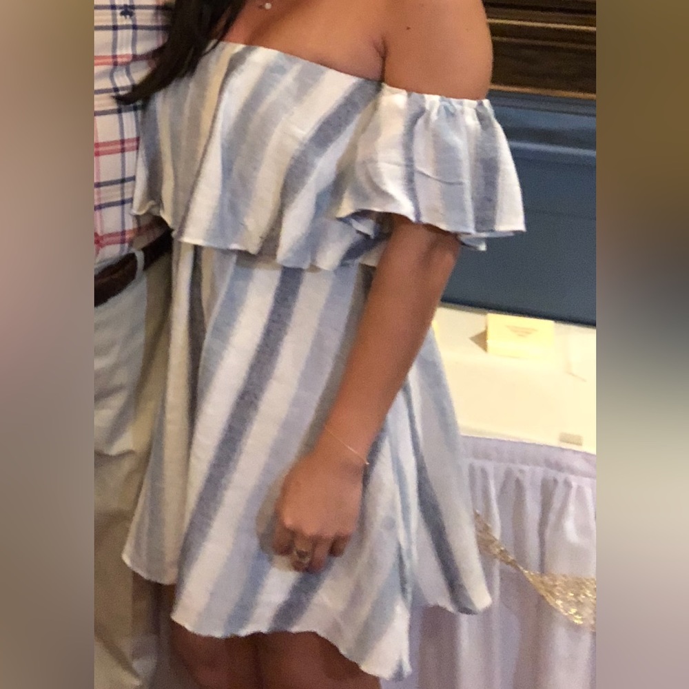 Aqua Linen Off The Shoulder Dress
